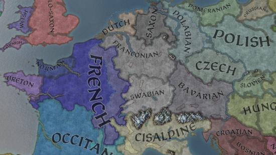 A shot of europe in ck3, looking at the culture map mode
