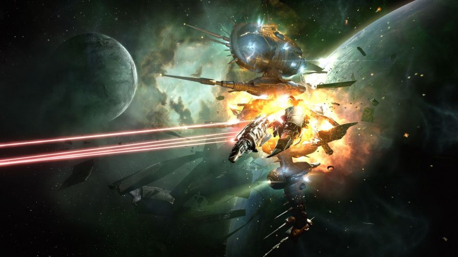 Massive battleship exploding in Eve Online