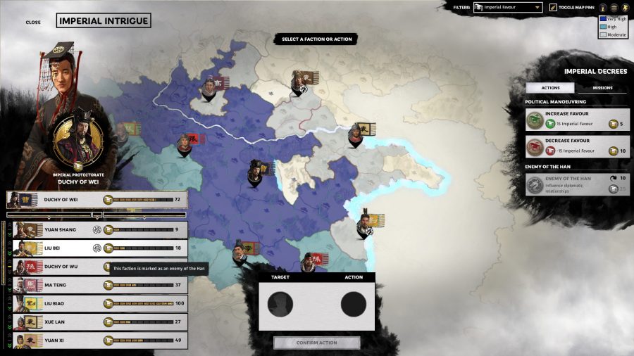In Total War: Three Kingdoms' new Fates Divided DLC, the player makes use of the new imperial intrigue feature to name another faction an enemy of the Han.