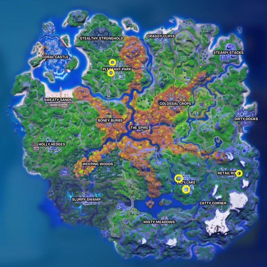 A map with the Fortnite literature samples locations circled in yellow.