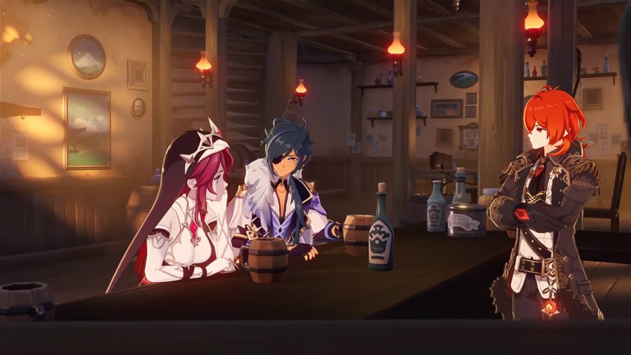 Rosaria is having a drink at the bar with Kaeya, while Diluc is behind the bar.