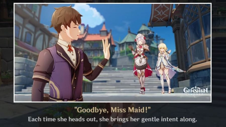 Noelle waves goodbye to a visitor in the Genshin Impact Noelle hangout event