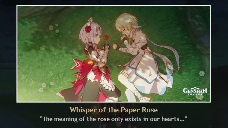 Lying on the grass with Noelle as she presents a paper rose, in the Genshin Impact Noelle hangout event