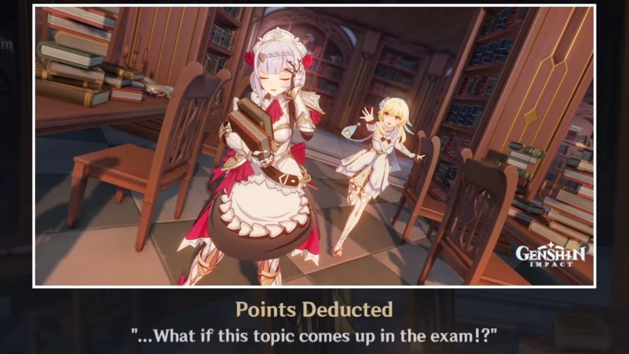 Genshin Impact Noelle looking distressed in the library
