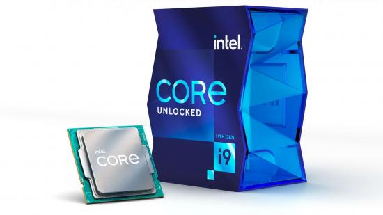 Intel Core i9 11900K chip alongside its fancy packaging