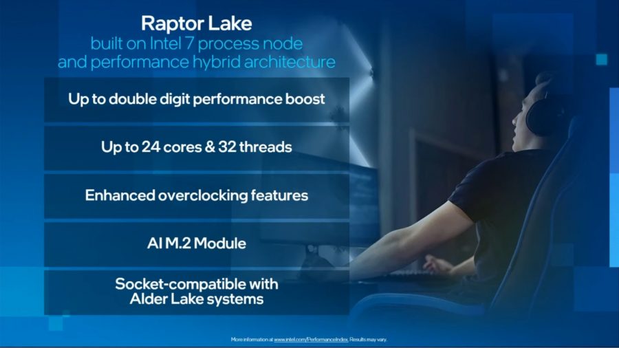 A slide taken from the Intel Investor Meeting 2022 event, detailing some of the key specs of Raptor Lake CPUs