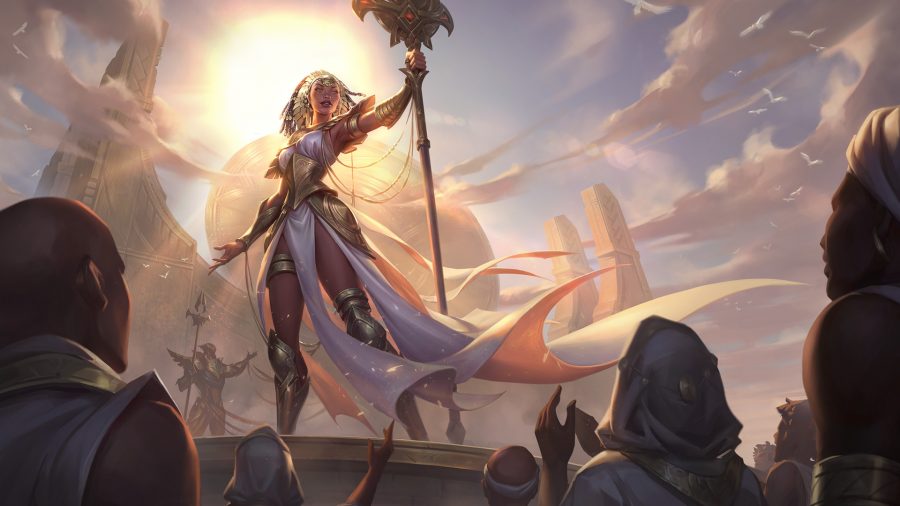 A woman standing on a platform leading her followers in Shurima