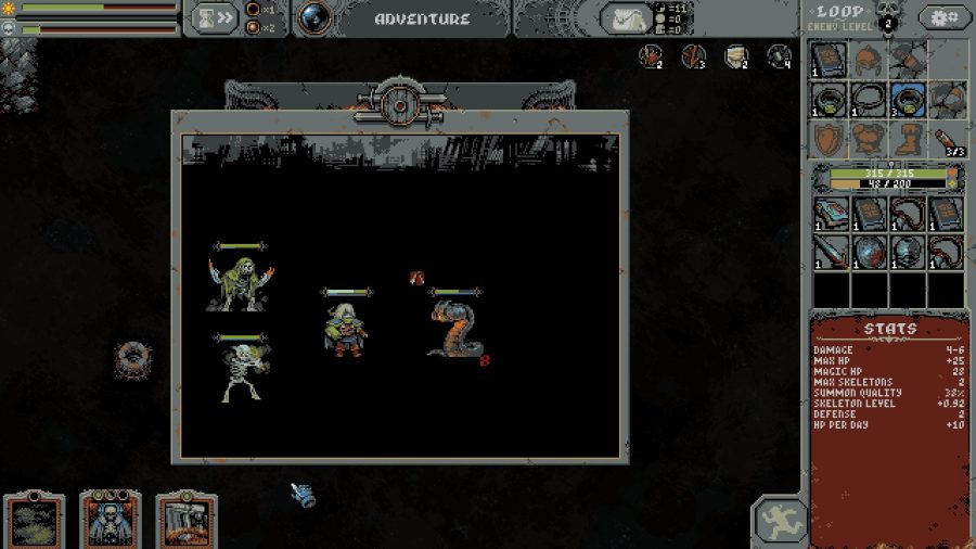 The Loop Hero necromancer class in combat alongside two summoned skeletons