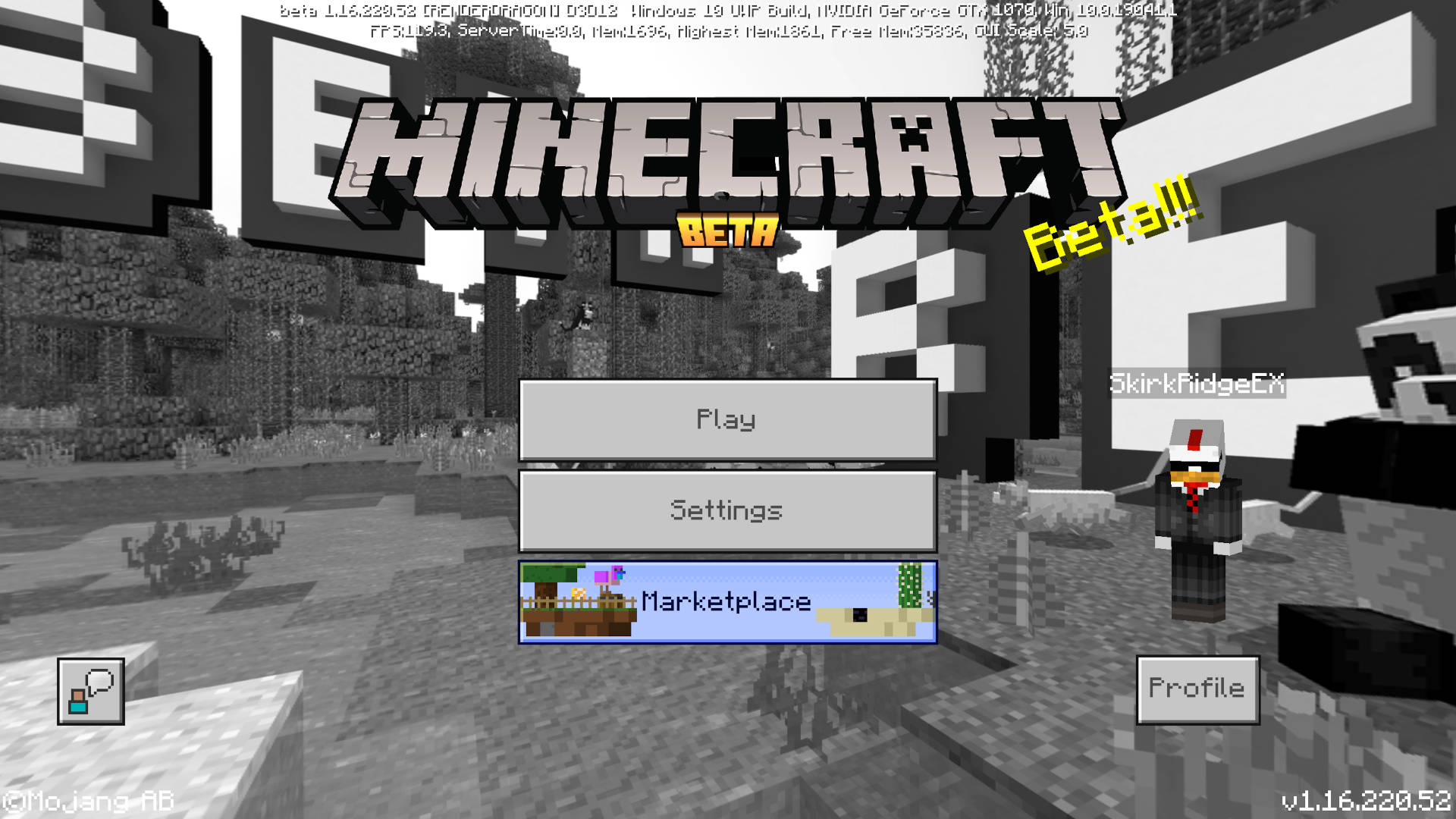 The Minecraft beta version main menu has a monochrome image of the game world.