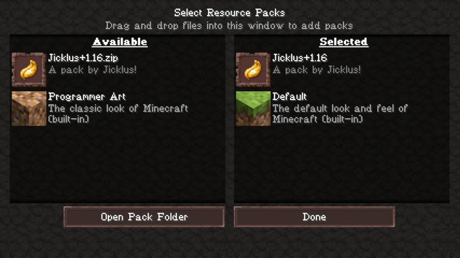 L'écran de gestion des packs de ressources dans Minecraft Java pour appliquer les meilleurs packs de textures Minecraft.