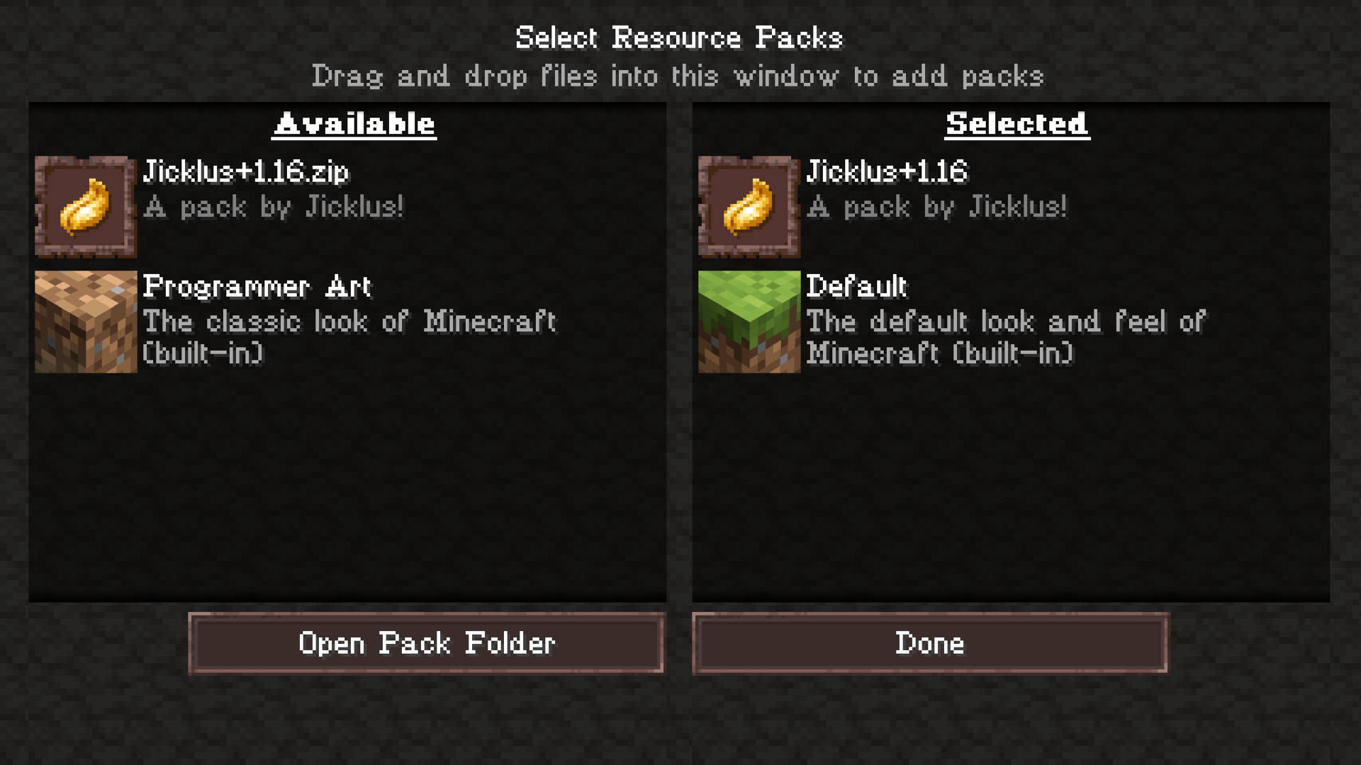 The Resource Pack management screen in Minecraft Java for applying the best Minecraft texture packs.