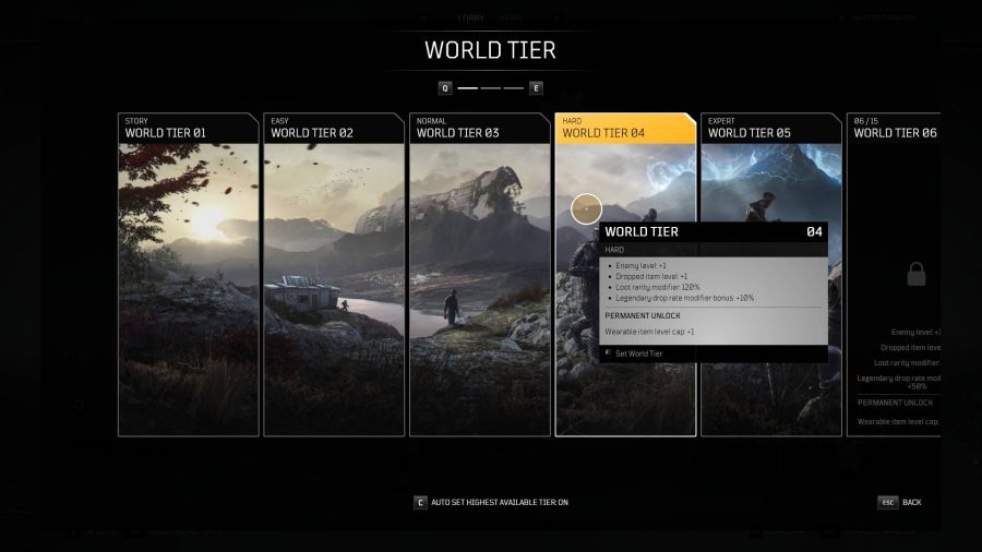 The Outriders world tier menu, on level 4