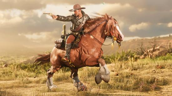 a cowboy on his horse shoots at a foe