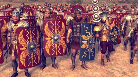 A centurian stands flanked by imperial-era roman legionnaries