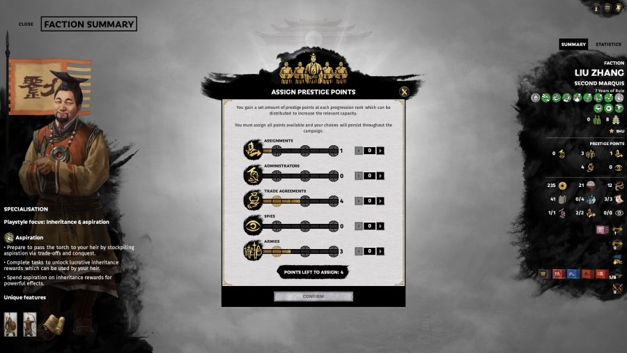 The player considers the new option to assign prestige points across different capacities, such as for trade agreements, administrators, and armies, when ranking up in Total War: Three Kingdoms' new Fates Divided update.