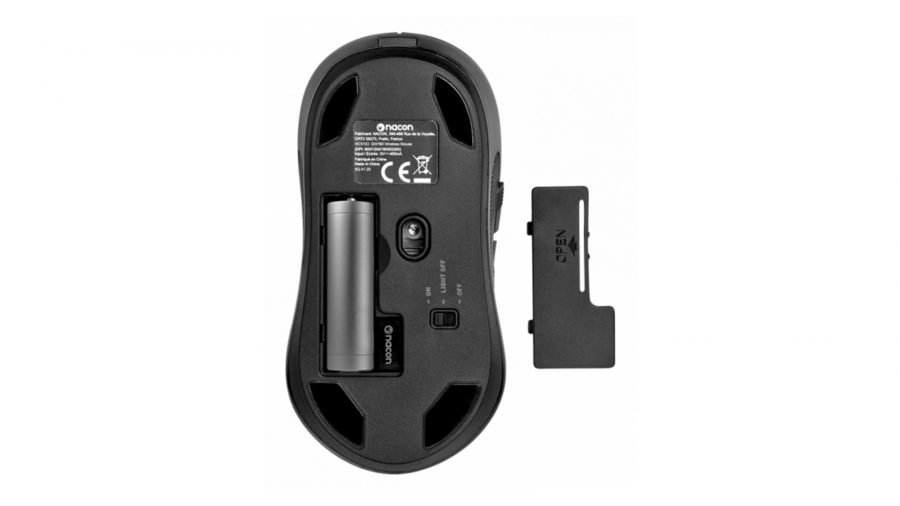 The underside of Nacon's GM-180 gaming mouse stores the rechargable battery and 2.4GHz USB dongle