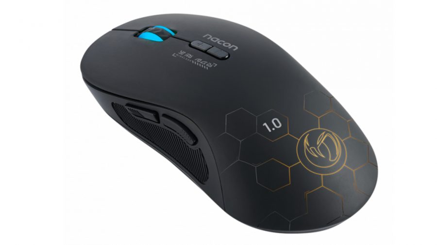 The Nacon GM-180 gaming mouse has blue RGB lighting around the scroll wheel and yellow lighting around the Nacon logo