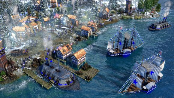 A costal US settlement in age of empires 3, with steam boats in the water
