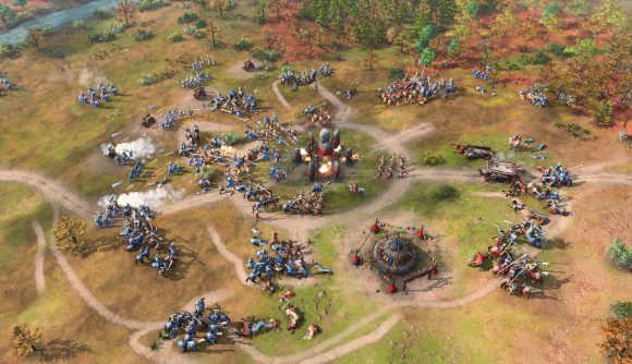 units from the new chinese civ in age of empires 4 attacking a landmark