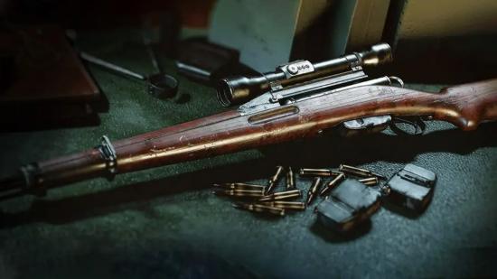 The Swiss K31 sniper rifle on a table next to a some sniper bolt-action bullets