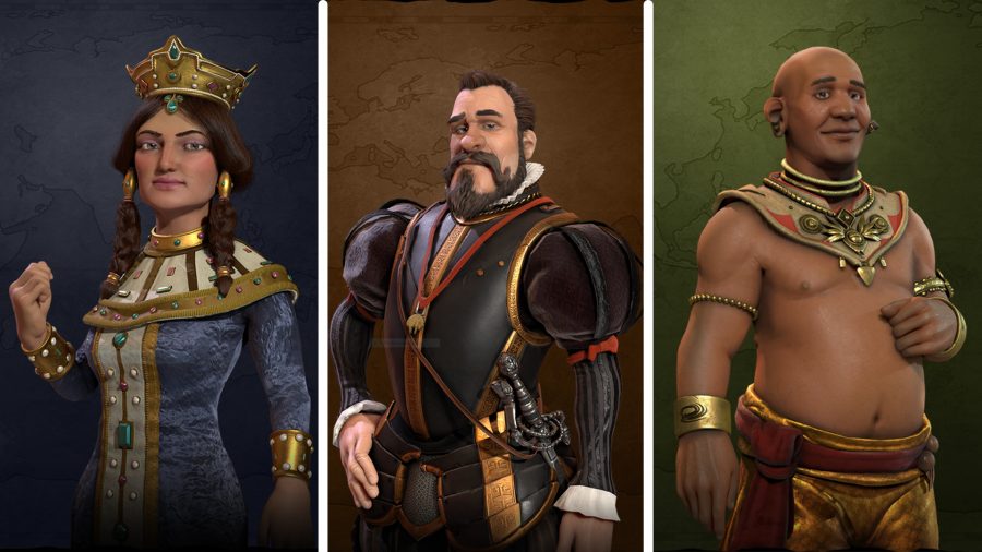 portrait shots of the leaders of Georgia, Spain and Khmer from civ 6
