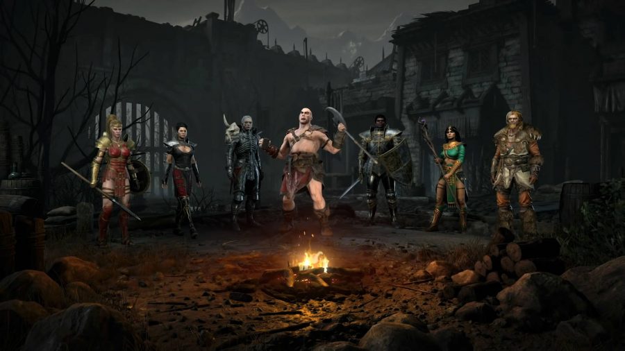 All of the Diablo 2 Resurrected classes standing by a fire. The Barbarian is shouting.