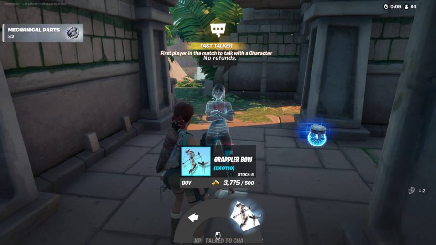 The player is buying a grappler bow from Lara Croft inside a ruin in Fortnite Stealthy Stronghold.
