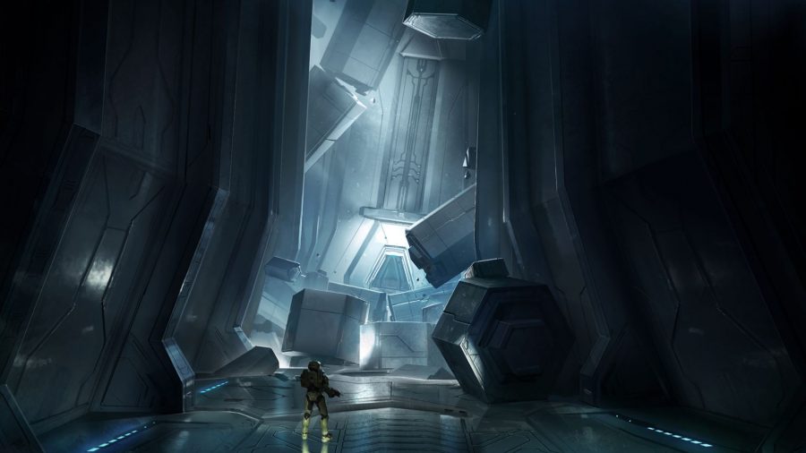 Halo Infinite concept art with Master Chief investigating a mysterious underground area
