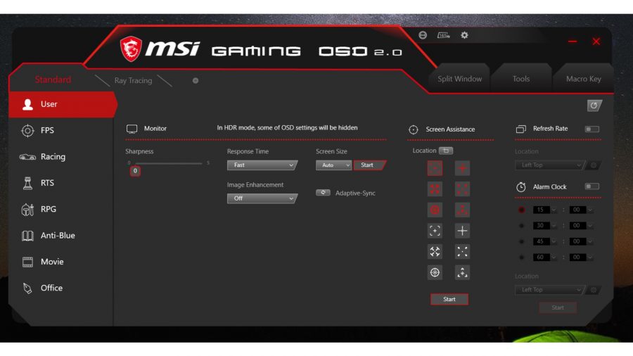 Screenshot of the included software with MSI's monitor