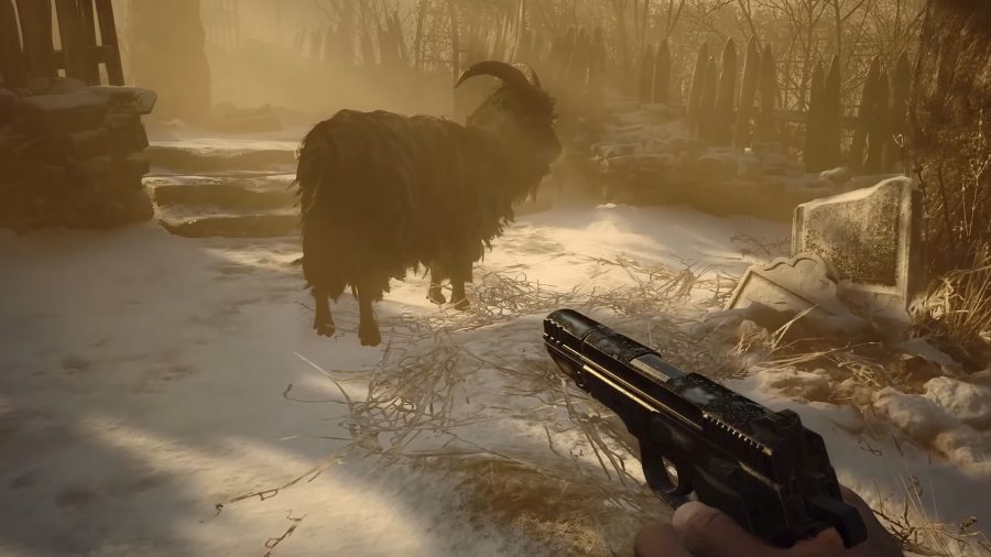 Ethan Winters pointing a pistol at a wild Ram roaming around a snowy village