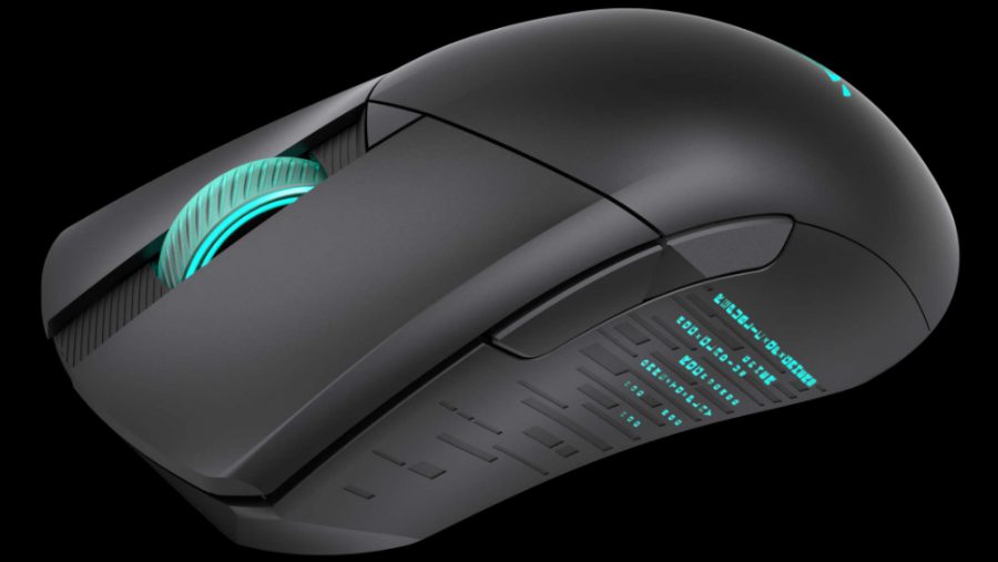 A product photo of the Asus Gladius 3 Wireless gaming mouse, featuring blue lighting