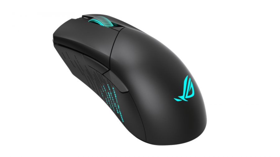 Asus's Gladius III wireless gaming mouse is small with blue RGB lighting on the logo, scroll wheel, and side
