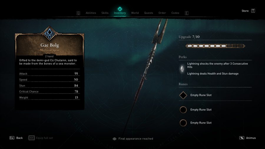 A weapon screen showing the Gae Bolg, Balor's spear