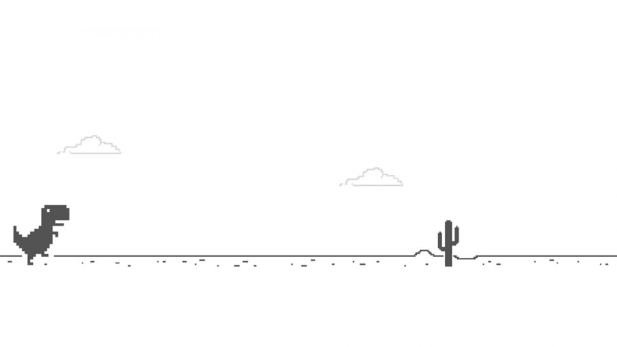 A dinosaur ready to jump over a cactus in Google Chrome