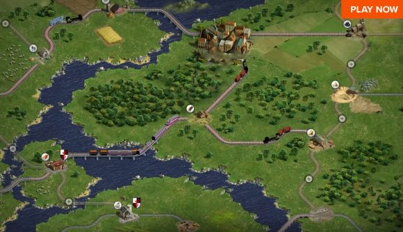 Best browser games - Rail Nation. A screenshot of the game shows an overhead view of a grassy area with train tracks running through it.