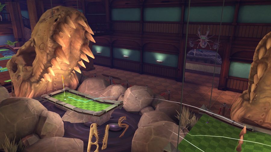 A mini-golf course with the head of a skeletal dinosaur in Golf With Your Friends