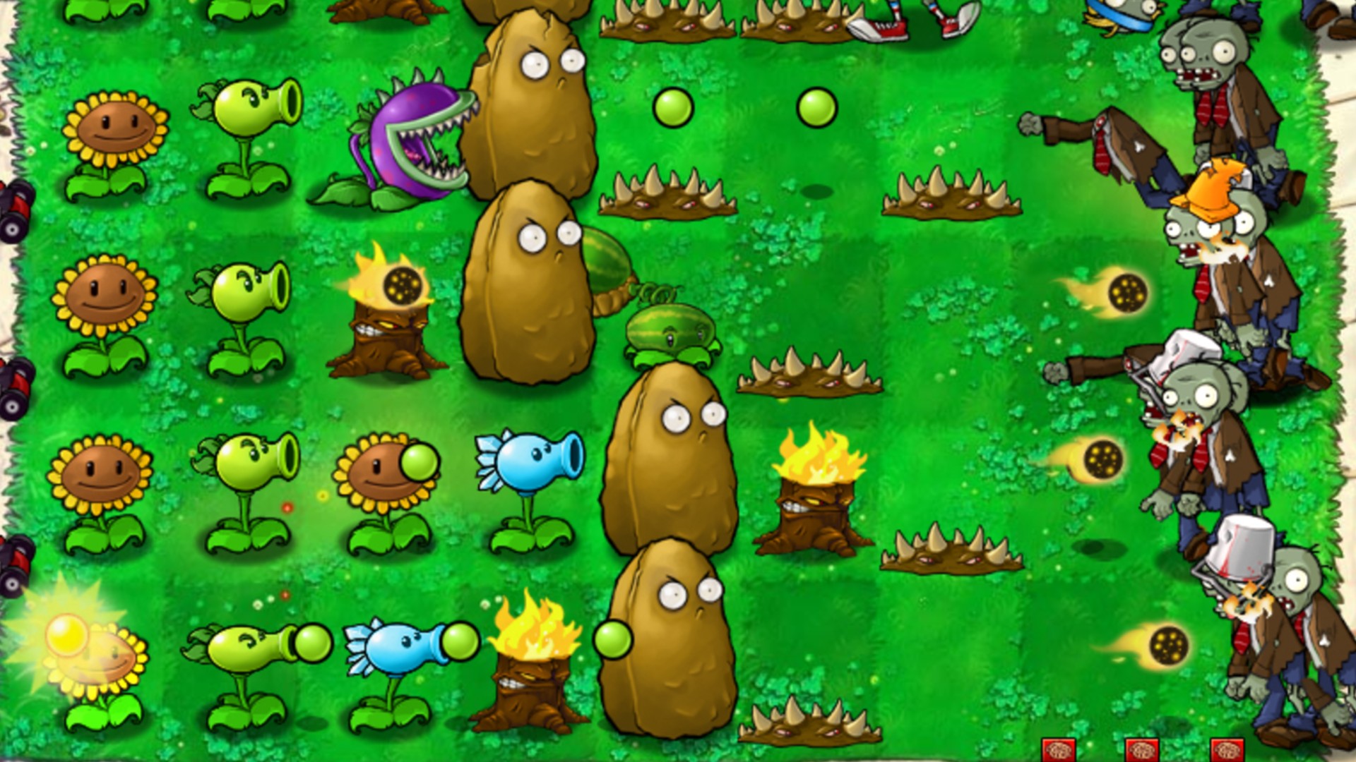 Best management games: zombies approach a lawn from the right; plants on the left shoot pea projectiles at them in Plants vs Zombies.