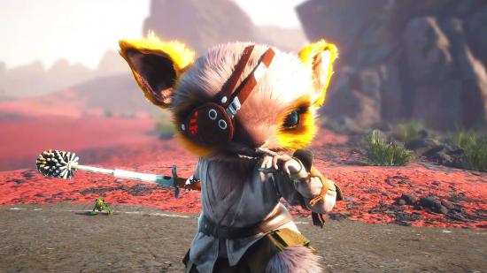 Main character from Biomutant holding a toilet brush as a weapon