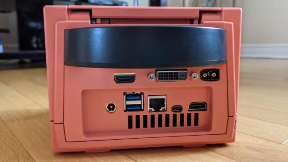 Photo showing rear IO of custom Gamecube PC build, including USB ports and HDMI output