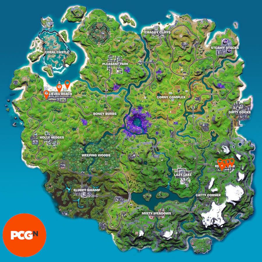 A map with pins detailing where the CB radios are in Fortnite