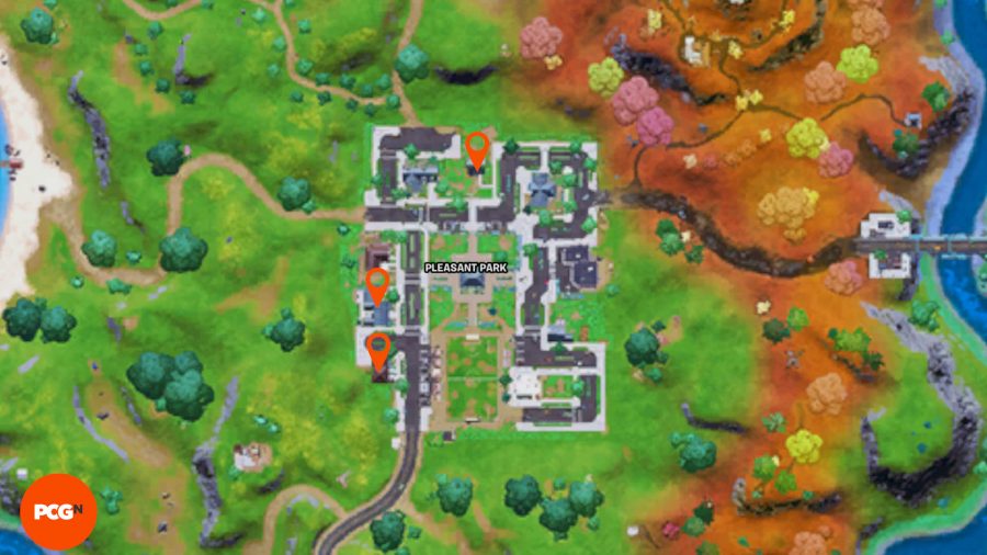 The three Fortnite research book locations in Pleasant Park.