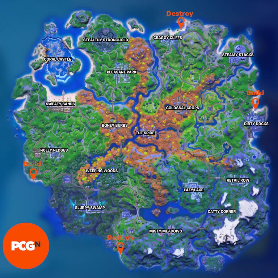 The Fortnite sandcastles locations on the map. Two pins highlight where to build and two say where to destroy.