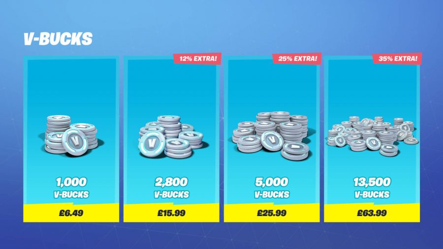 A selection of the Fortnite V-Bucks you can buy in-game. Price is in GBP.