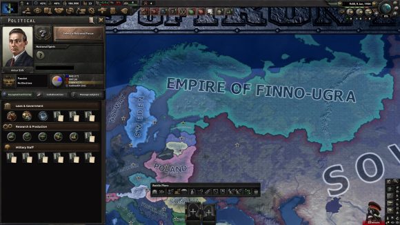 The world map in Hearts of Iron 4 showing the Finno-Ugric empire