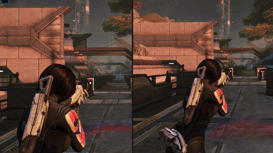 Un ejemplo de lado a lado del FOV predeterminado y el FOV modificado en Mass Effect