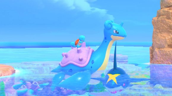 A Squirtle riding on the back of a Lapras