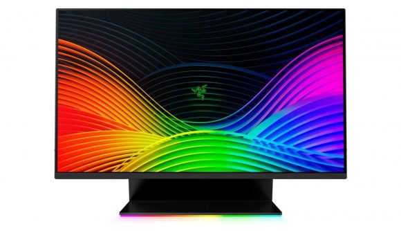 Black thin-bezelled monitor with RGB lighting on the bottom
