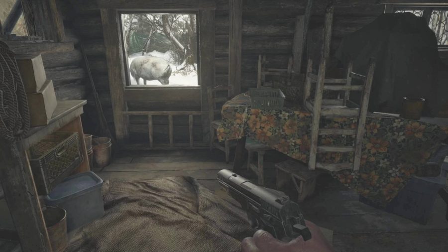 A white pig, one of the rare meats to make Resident Evil Village recipes, is minding its own business in the back garden.