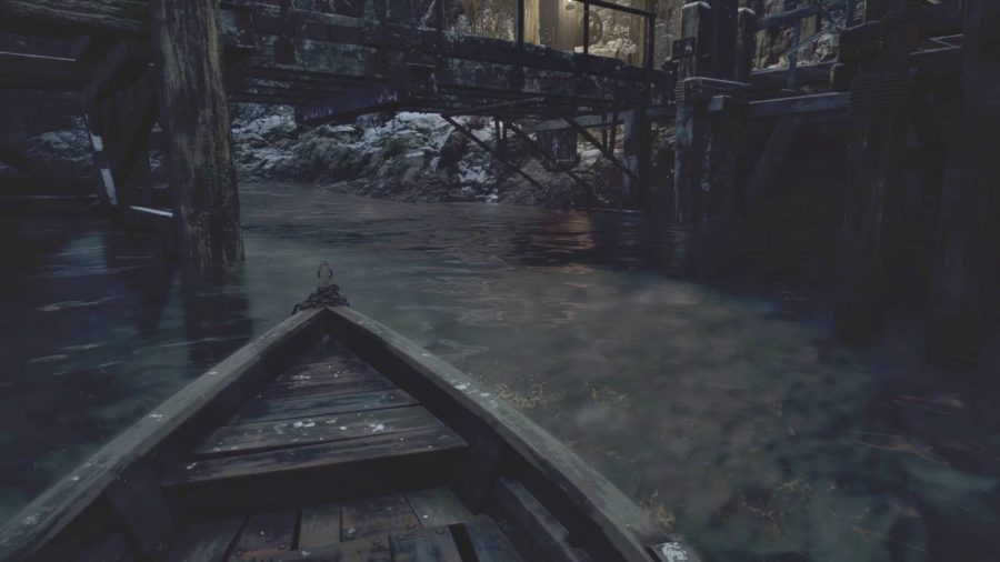 Riding a boat towards the Resident Evil Village riverbank treasure house, which is upstream.