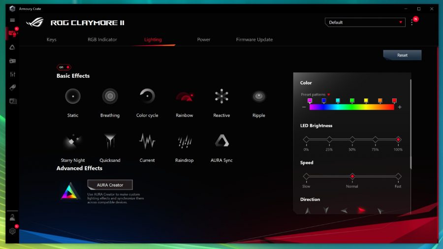 Screenshot of the software used to customise RGB lighting and change power saving settings